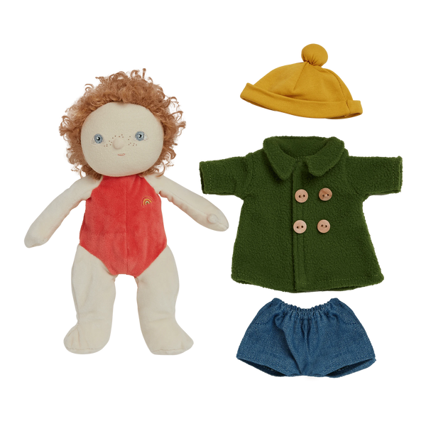 Plush doll with red outfit, yellow hat, green coat, and blue shorts on a white background