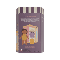 Box packaging for a doll with a wardrobe illustration on a white background