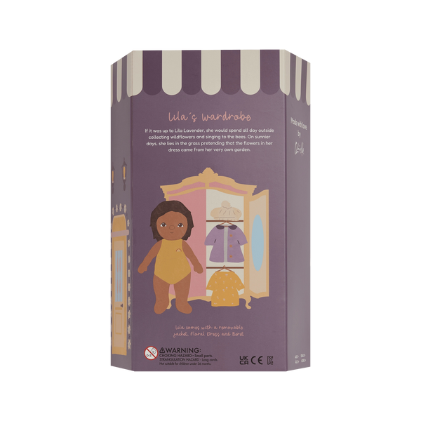 Box packaging for a doll with a wardrobe illustration on a white background
