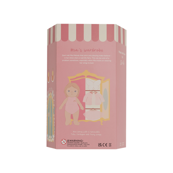 Box for a doll with a pink and white striped design on a white background