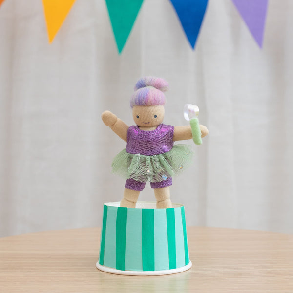 Olli Ella circus themed Holdie folk. Pocket-sized magical acrobat plush toy for kids imaginative play.