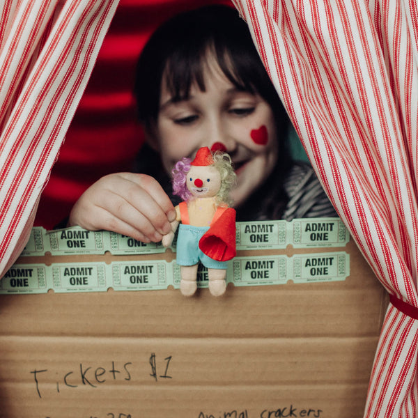 Olli Ella circus themed Holdie folk. Pocket-sized circus clown magical plush toy for kids imaginative play.