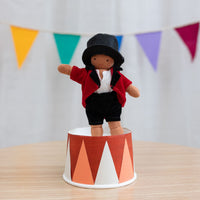 Olli Ella circus themed Holdie folk. Pocket-sized magical circus ringleader plush toy for kids imaginative play.