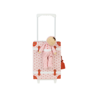 Kids strawberry printed pink travel suitcase with matching pink soft-toy doll.