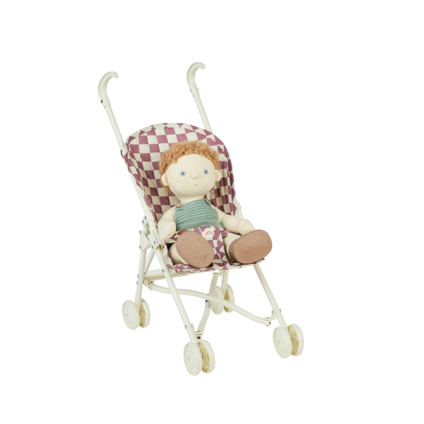 Purple check printed stroller for dolls.