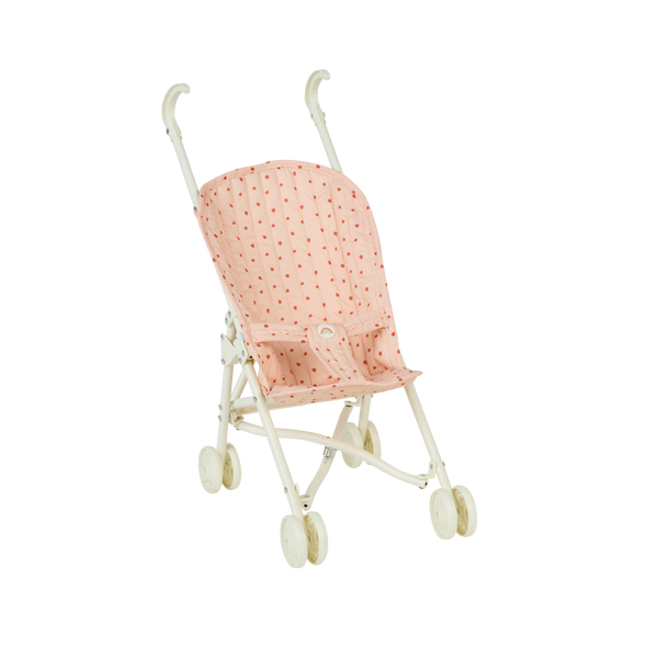 Pink strawberry printed doll pram for kids imaginative doll play.